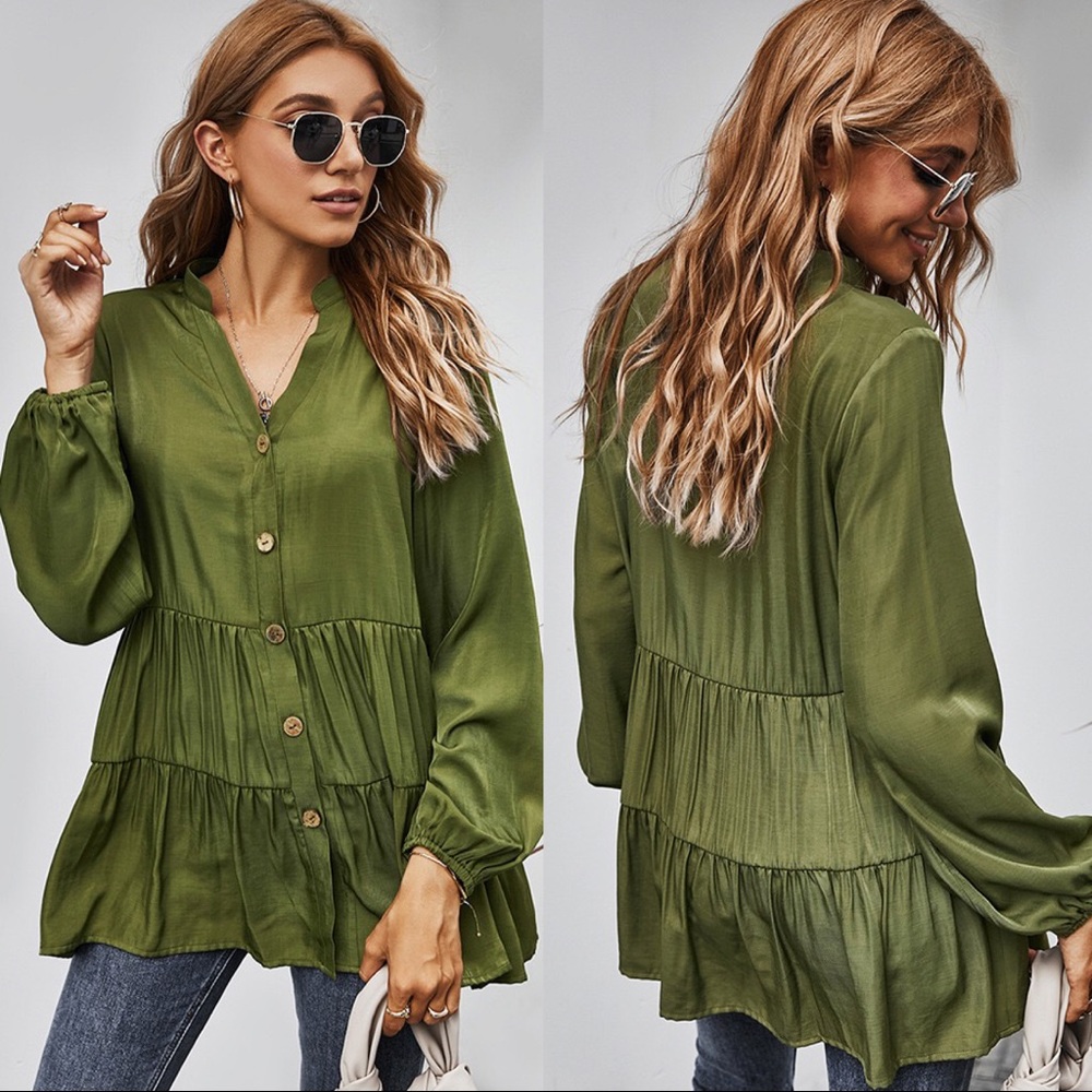 🍁🆕Button Down V Neck Long Sleeve Top Green